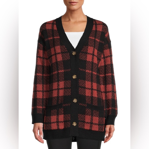 No Boundaries Sweaters - No Boundaries Plaid Black and Orange Women's Sweater-EUC